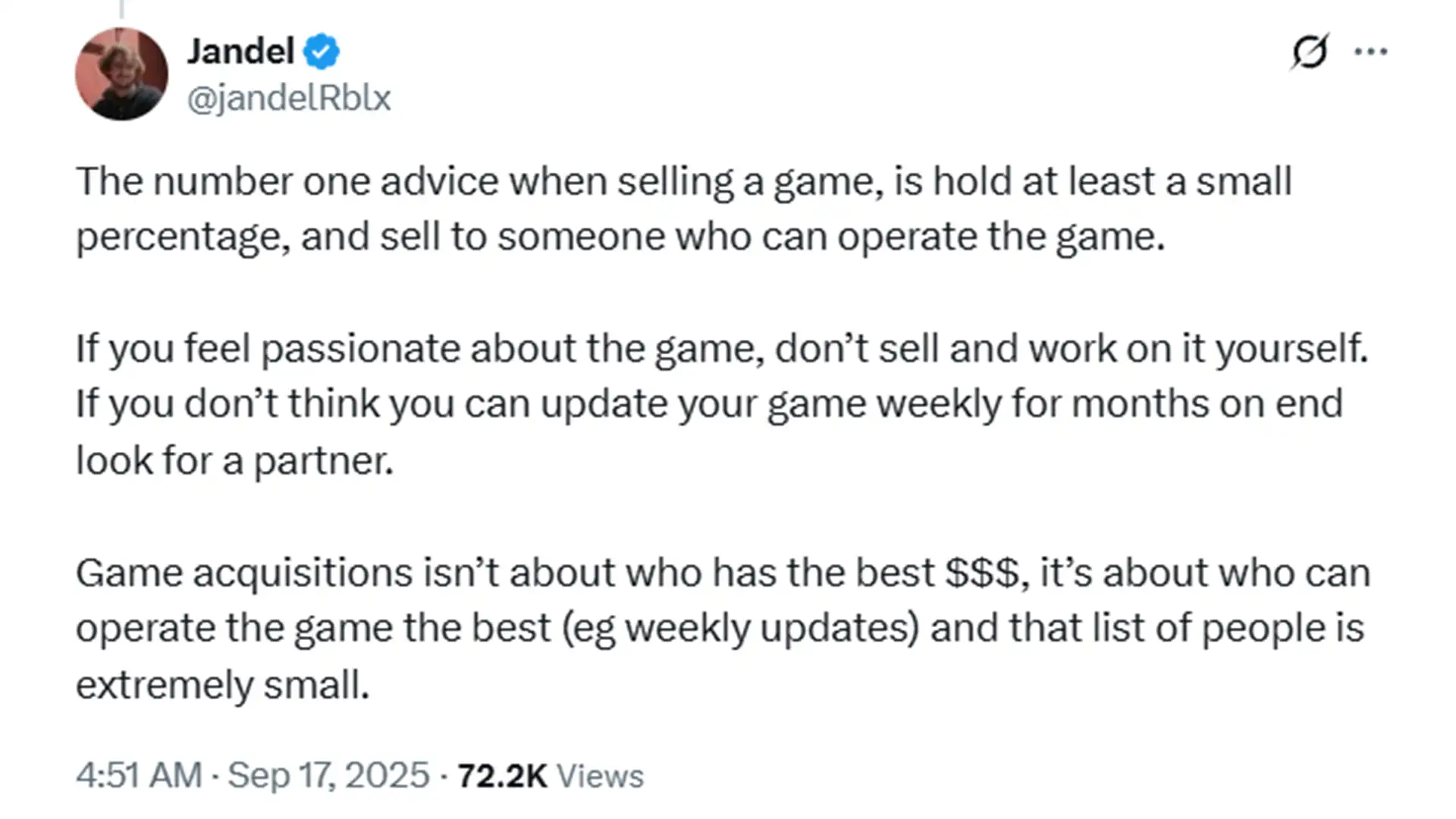jandel tweet about selling roblox games